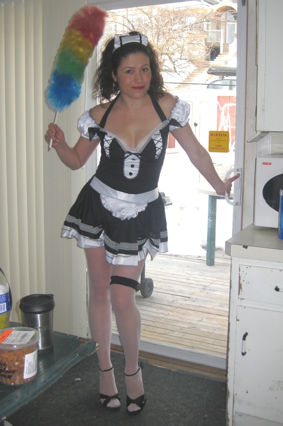 Brunette Mature French Maid wearing White Opaque Pantyhose and Black Sandal High Heels